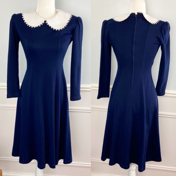 Vintage Petite Lang Midi Dress Peter Pan Collar Wednesday Addams Size 4 - Picture 3 of 14